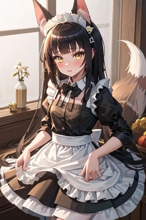 best quality, masterpiece, highres, solo, {maid:1.40}, {long maid dress:1.15}, {nagato_azurlane:1.15}, animal_ears, fox_ears, black_hair, long_hair, bangs, animal_ear_fluff, yellow_eyes, blush, blunt_bangs, hair_ornament, brown_eyes