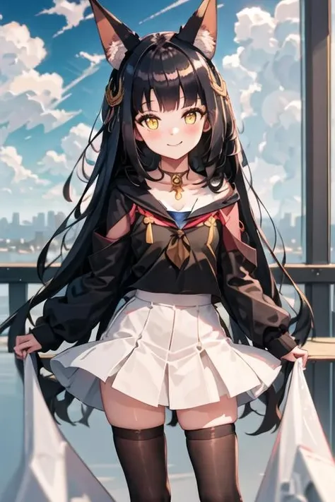 best quality, masterpiece, highres, solo, {nagato_azurlane:1.15}, animal_ears, fox_ears, black_hair, long_hair, bangs, animal_ear_fluff, yellow_eyes, blush, blunt_bangs, hair_ornament, brown_eyes, 1girl, alternate_costume, cloud, looking_at_viewer, sidelocks, sky, cloudy_sky, depth_of_field, blue_sky, casual, holding, contemporary, fox_girl, blurry, school_uniform, smile