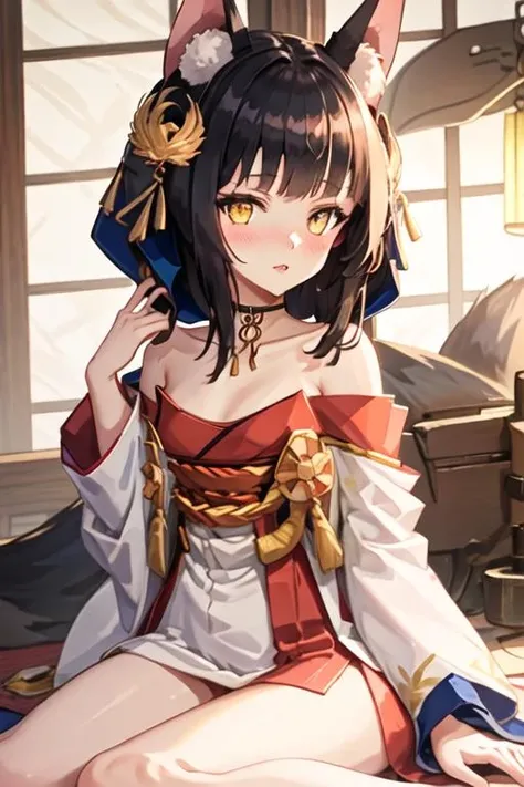 best quality, masterpiece, highres, solo, {nagato_azurlane:1.15}, animal_ears, fox_ears, black_hair, long_hair, bangs, animal_ear_fluff, yellow_eyes, blush, blunt_bangs, hair_ornament, brown_eyes, 1girl, bare_shoulders, hood, japanese_clothes, kimono, uchikake, wataboushi, parted_lips, white_kimono, collarbone, detached_sleeves, one_eye_closed, short_hair, sidelocks