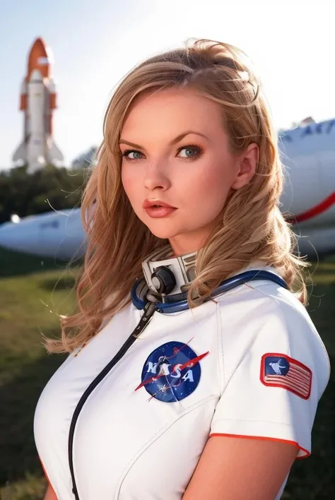 Face photo of a sexy blonde (20 years old) woman (top-quality:1.4),(​masterpiece:1.3),(Crisp focus:1.2),(Photorealsitic:1.4), standing near rocket Laucher in sexy NASA space suite and holding in left hand space gun giving sexy look smiling at the camera