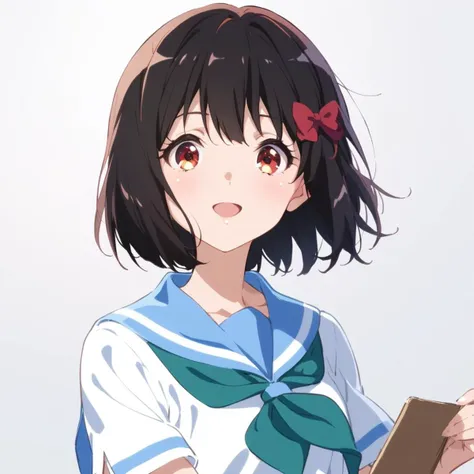 1girl, 
hisaishi kanade, hibike! euphonium, 
solo, short hair, looking at viewer, holding, black hair, white shirt, simple background, red eyes, collarbone, white background, shirt, green neckerchief, open mouth, kitauji high school uniform, neckerchief, hair bow, bow, serafuku, smile, short sleeves, school uniform, :d, blue sailor collar, sailor collar, red bow, blush, 
  safe