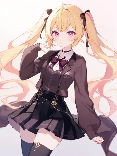 1girl, 
hoshikawa sara \(4th costume\), nijisanji, 
solo, full shot, pink eyes, black thighhighs, blonde hair, black skirt, virtual youtuber, thighhighs, pleated skirt, long sleeves, skirt, red bow, cardigan, bowtie, school uniform, twintails, red bowtie, bow, 
  safe