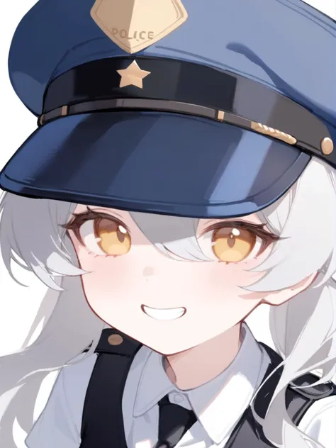 1girl, 
valkyrie police academy student \(blue archive\), blue archive, 
solo, portrait, uniform, grey hair, police uniform, yellow eyes, long hair, white background, hair over eyes, simple background, shirt, black vest, peaked cap, vest, blue hat, smile, white shirt, police, collared shirt, grin, blush, hat, 
  safe