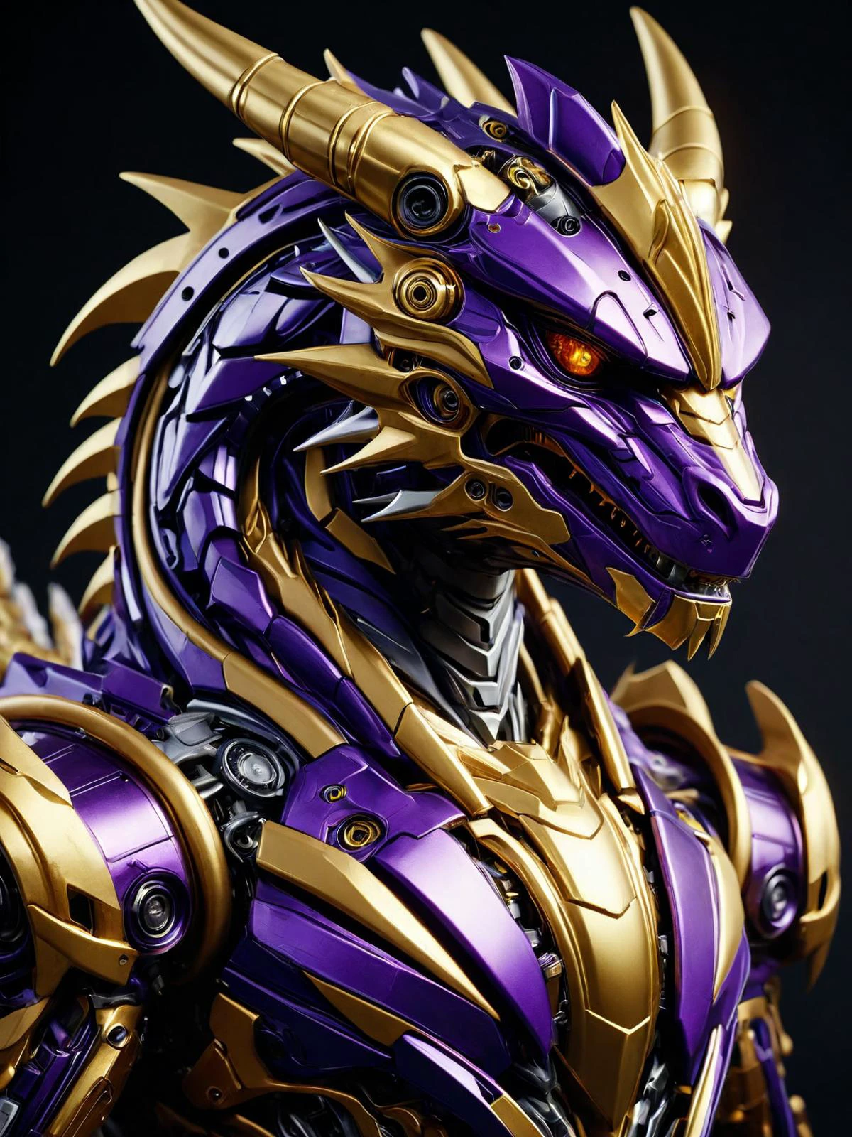 raw photography. photorealisitc, hyper realistic, mechanical, artificial, metallic purple and gold theme, <lora:Classic Western Dragons XL:0.6> exotic dragon, <lora:TransformersStyleXL:1> Transformers
