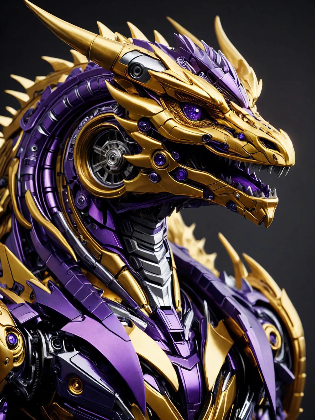 raw photography. photorealisitc, hyper realistic, mechanical, artificial, metallic purple and gold theme, <lora:Classic Western Dragons XL:0.6> exotic dragon, <lora:TransformersStyleXL:1> Transformers