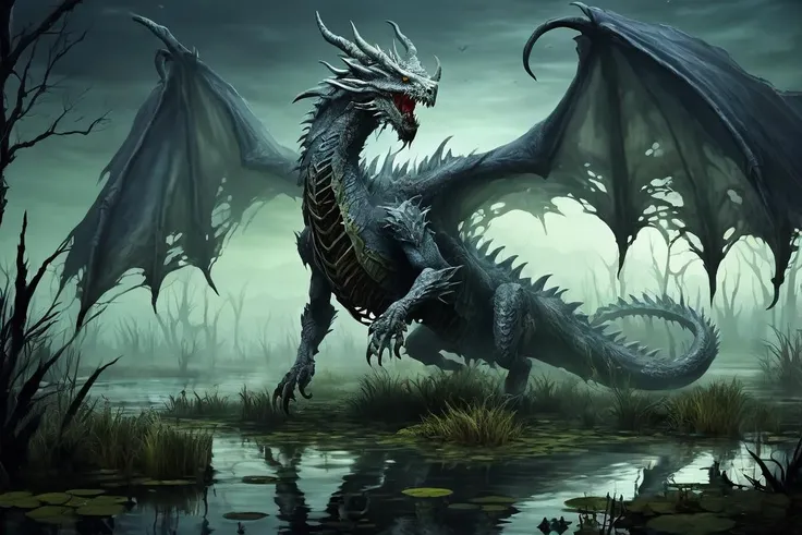 gray undead zombie dragon in a swamp at night
<lora:Classic Western Dragons XL:0.75>