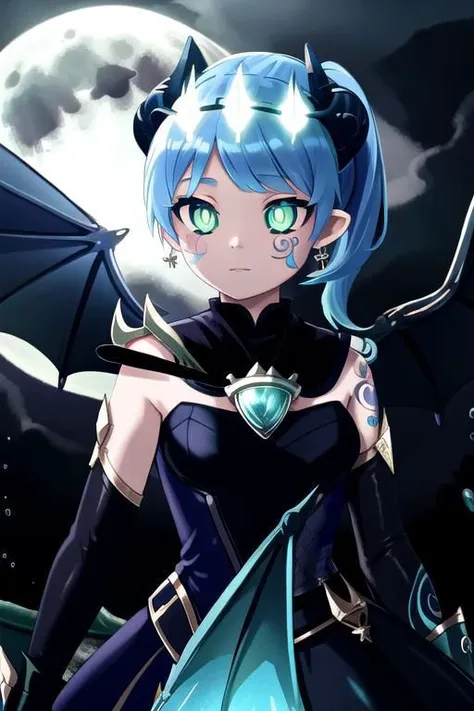 CorruptA, CorruptA, Rnatin, professional image of a cute woman, (frilly elegant glossy dark holographic dress, moon brooch, moon earrings, moon accessories:1.2),
(dragon horns, dragon tail:1.1), (short hair, side ponytail, hair above cheeks, light blue hair with light pink hairtips, gradient hair, multicolored hair:1.2), red eyes, (small breasts, cute face, innocent, shy, pointy ears:1.1), (sparkles, sparkling clothes, sparkles near eyes:1.1),
(intricate aquatic background, underwater, ocean, small fishes, surrounded by exotic fish), 
(pubic tattoo, symbol-shaped pupils, corruption, mind control:1.3),
(blue skin, black sclera, colored sclera, colored skin, yellow eyes, demon wings, demon horns, slit pupils:1.2),
(glowing, glowing eyes, green eyes:1.4),
(absurdres, incredibly absurdres, huge filesize, extremely detailed, High quality texture, physically-based rendering, Ray tracing, octane render, sharp focus, (8k), (4k), (Masterpiece), (Best Quality), extremely detailed, intricate, hyper detailed, illustration, soft lighting, high resolution, sharp detail,)