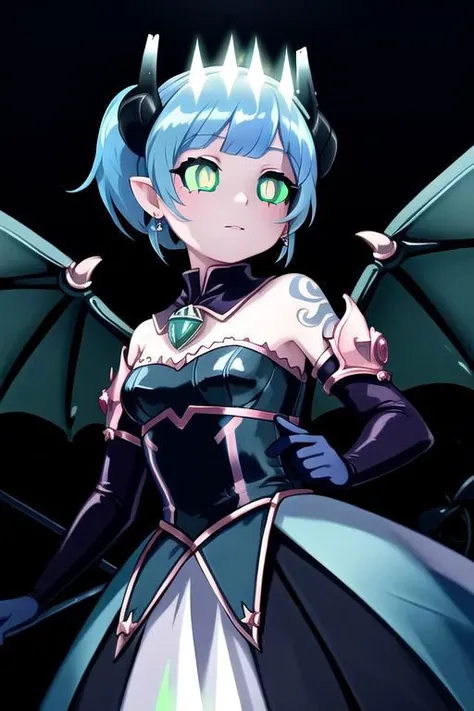 CorruptA, CorruptA, Rnatin, professional image of a cute woman, (frilly elegant glossy dark holographic dress, moon brooch, moon earrings, moon accessories:1.2),
(dragon horns, dragon tail:1.1), (short hair, side ponytail, hair above cheeks, light blue hair with light pink hairtips, gradient hair, multicolored hair:1.2), red eyes, (small breasts, cute face, innocent, shy, pointy ears:1.1), (sparkles, sparkling clothes, sparkles near eyes:1.1),
(intricate aquatic background, underwater, ocean, small fishes, surrounded by exotic fish), 
(pubic tattoo, symbol-shaped pupils, corruption, mind control:1.3),
(blue skin, black sclera, colored sclera, colored skin, yellow eyes, demon wings, demon horns, slit pupils:1.2),
(glowing, glowing eyes, green eyes:1.4),
(absurdres, incredibly absurdres, huge filesize, extremely detailed, High quality texture, physically-based rendering, Ray tracing, octane render, sharp focus, (8k), (4k), (Masterpiece), (Best Quality), extremely detailed, intricate, hyper detailed, illustration, soft lighting, high resolution, sharp detail,)