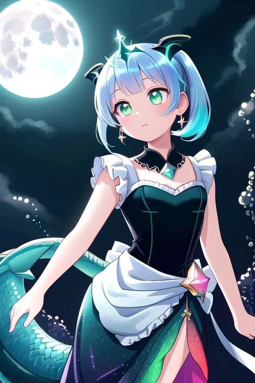 Rnatin, professional image of a cute woman, (frilly elegant glossy dark holographic dress, moon brooch, moon earrings, moon accessories:1.2),
(dragon horns, dragon tail:1.1), (short hair, side ponytail, hair above cheeks, light blue hair with light pink hairtips, gradient hair, multicolored hair:1.2), red eyes, (small breasts, cute face, innocent, shy, pointy ears:1.1), (sparkles, sparkling clothes, sparkles near eyes:1.1),
(intricate aquatic background, underwater, ocean, small fishes, surrounded by exotic fish),
(glowing, glowing eyes, green eyes:1.4),
(absurdres, incredibly absurdres, huge filesize, extremely detailed, High quality texture, physically-based rendering, Ray tracing, octane render, sharp focus, (8k), (4k), (Masterpiece), (Best Quality), extremely detailed, intricate, hyper detailed, illustration, soft lighting, high resolution, sharp detail,)
