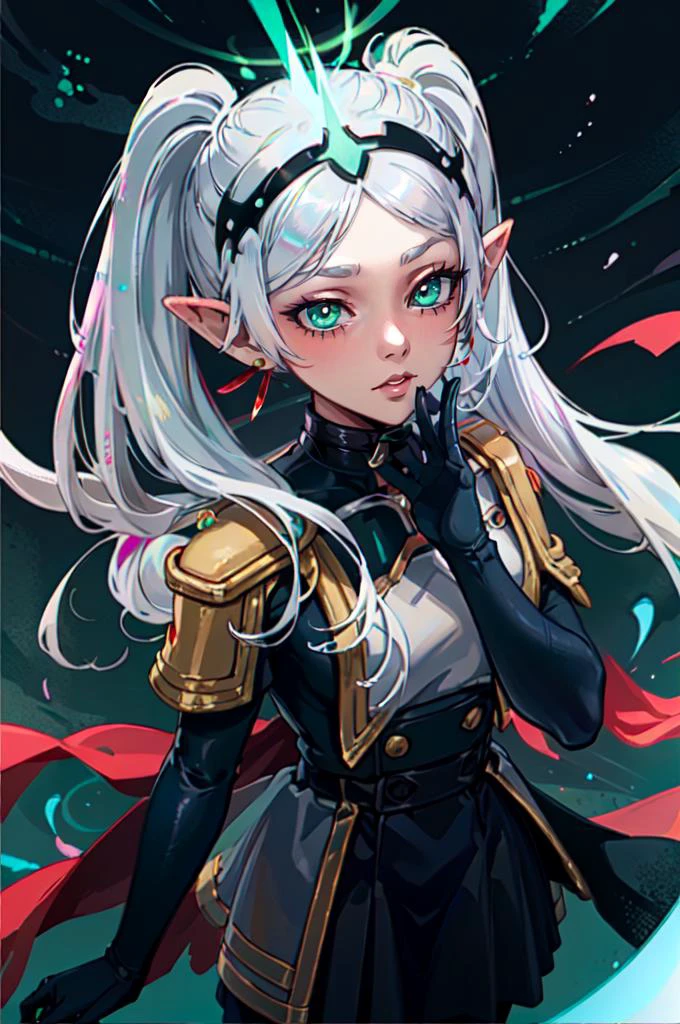<lora:Rnatin:0.8> Rnatin, glowing, glowing eyes, green eyes, <lora:CHAR-Frieren:0.8> FrierenBase, twintails, earrings, black pantyhose ,, ultra detailed, masterpiece, best quality, aesthetic, detailed,