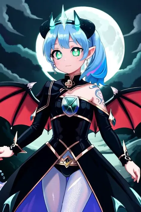 CorruptA, CorruptA, Rnatin, professional image of a cute woman, (frilly elegant glossy dark holographic dress, moon brooch, moon earrings, moon accessories:1.2),
(dragon horns, dragon tail:1.1), (short hair, side ponytail, hair above cheeks, light blue hair with light pink hairtips, gradient hair, multicolored hair:1.2), red eyes, (small breasts, cute face, innocent, shy, pointy ears:1.1), (sparkles, sparkling clothes, sparkles near eyes:1.1),
(intricate aquatic background, underwater, ocean, small fishes, surrounded by exotic fish), 
(pubic tattoo, symbol-shaped pupils, corruption, mind control:1.3),
(blue skin, black sclera, colored sclera, colored skin, yellow eyes, demon wings, demon horns, slit pupils:1.2),
(glowing, glowing eyes, green eyes:1.4),
(absurdres, incredibly absurdres, huge filesize, extremely detailed, High quality texture, physically-based rendering, Ray tracing, octane render, sharp focus, (8k), (4k), (Masterpiece), (Best Quality), extremely detailed, intricate, hyper detailed, illustration, soft lighting, high resolution, sharp detail,)