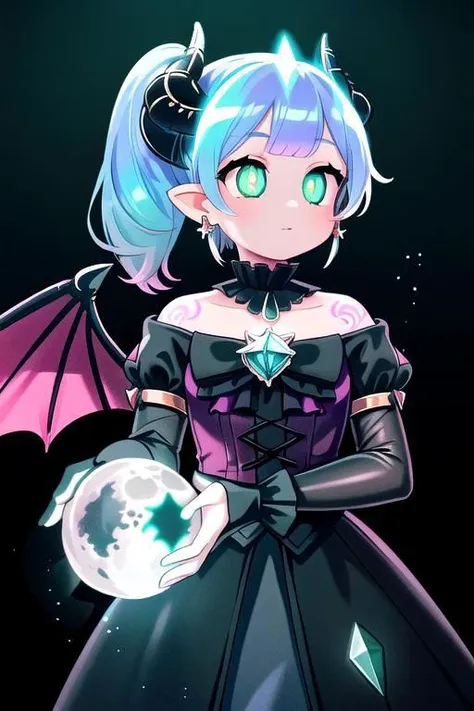 CorruptA, CorruptA, Rnatin, professional image of a cute woman, (frilly elegant glossy dark holographic dress, moon brooch, moon earrings, moon accessories:1.2),
(dragon horns, dragon tail:1.1), (short hair, side ponytail, hair above cheeks, light blue hair with light pink hairtips, gradient hair, multicolored hair:1.2), red eyes, (cute face, innocent, shy, pointy ears:1.1), (sparkles, sparkling clothes, sparkles near eyes:1.1),
(intricate aquatic background, underwater, ocean, small fishes, surrounded by exotic fish), 
(pubic tattoo, symbol-shaped pupils, corruption, mind control:1.3),
(black sclera, colored sclera, colored skin, demon wings, demon horns, slit pupils:1.2),
(glowing, glowing eyes, green eyes:1.4),
(absurdres, incredibly absurdres, huge filesize, extremely detailed, High quality texture, physically-based rendering, Ray tracing, octane render, sharp focus, (8k), (4k), (Masterpiece), (Best Quality), extremely detailed, intricate, hyper detailed, illustration, soft lighting, high resolution, sharp detail,)