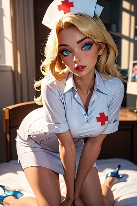 beautiful, masterpiece, best quality, ((adult)), extremely detailed face, perfect lighting, 1girl, solo, photorealistic, hi res, hyperdetailed , ultrarealistic
Nurse, 1girl,, long hair, breasts, blue eyes, blonde hair, large breasts, hat, dress, high heels, makeup, lipstick, eyeshadow, nurse cap, nurse, , red cross,
Nurse, Rnatin, glowing, glowing eyes, green eyes