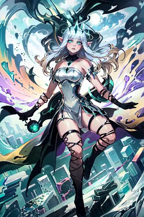 <lora:Rnatin:1> Rnatin, glowing, glowing eyes, green eyes, <lora:airy:0.85> white hair, gradient hair, pointy ears, brown eyes, pendant, strapless dress, white dress, fairy wings, arm wrap, black gloves, leg wrap, black footwear,, ultra detailed, masterpiece, best quality, aesthetic, detailed,