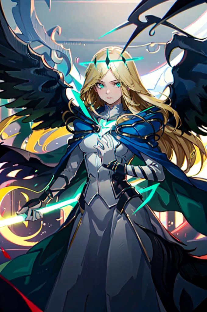<lora:Rnatin:0.8> Rnatin, glowing, glowing eyes, green eyes, <lora:RtPL-MaliceV1:0.8> malice_(riviera), black_wings, blonde_hair, long_hair, blue_cape, white_dress, angel_wings, gloves,, ultra detailed, masterpiece, best quality, aesthetic, detailed,