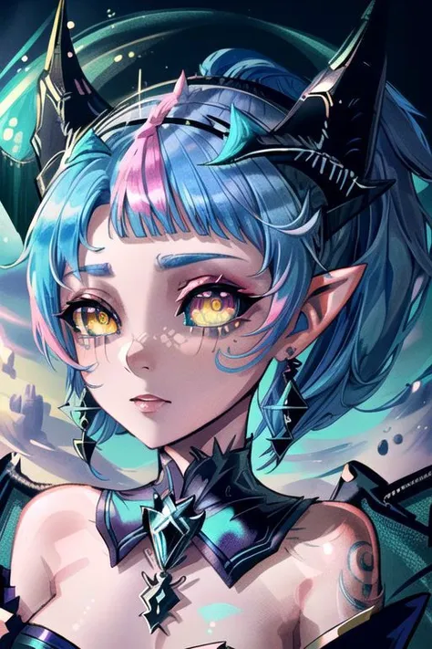 CorruptA, CorruptA, Rnatin, professional image of a cute young woman, (frilly elegant glossy dark holographic dress, moon brooch, moon earrings, moon accessories:1.2),
(dragon horns, dragon tail:1.1), (short hair, side ponytail, hair above cheeks, light blue hair with light pink hairtips, gradient hair, multicolored hair:1.2), red eyes, (small breasts, cute face, innocent, shy, pointy ears:1.1), (sparkles, sparkling clothes, sparkles near eyes:1.1),
(intricate aquatic background, underwater, corrupted ocean, corrupted beach), 
(pubic tattoo, symbol-shaped pupils, corruption, mind control:1.2),
(colored skin, yellow eyes, demon wings, demon horns, slit pupils:1.2),
(glowing:1.2),
(absurdres, incredibly absurdres, huge filesize, extremely detailed, High quality texture, physically-based rendering, Ray tracing, octane render, sharp focus, (8k), (4k), (Masterpiece), (Best Quality), extremely detailed, intricate, hyper detailed, illustration, soft lighting, high resolution, sharp detail,)