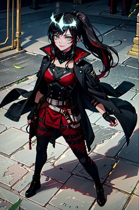 <lora:Rnatin:0.75> Rnatin, glowing, glowing eyes, green eyes,, ultra detailed, masterpiece, best quality, aesthetic, detailed,, solo, smug smile, 1girl, purple eyes, red-framed eyewear, (black hair, red colored tips:1.2), red streaked hair, very long hair, side ponytail, tied hair, medium breasts,, <lora:StS-Coat-and-Jacket-On-Shoulders-Iteration2:0.7> dataset, jacket on shoulders, coat on shoulders, red dress, sleeves rolled up, fingerless gloves, holster, belt, multiple belts, combat boots, bulletproof vest, pants, black coat, tactical clothes,