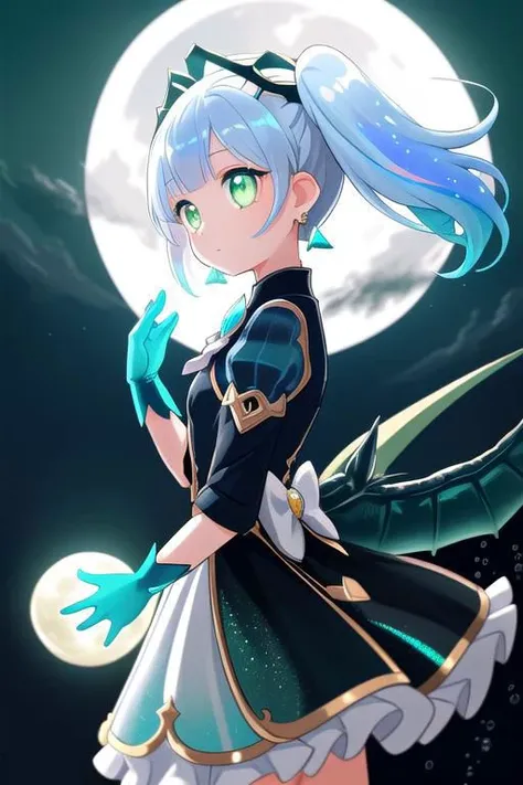 Rnatin, professional image of a cute woman, (frilly elegant glossy dark holographic dress, moon brooch, moon earrings, moon accessories:1.2),
(dragon horns, dragon tail:1.1), (short hair, side ponytail, hair above cheeks, light blue hair with light pink hairtips, gradient hair, multicolored hair:1.2), red eyes, (small breasts, cute face, innocent, shy, pointy ears:1.1), (sparkles, sparkling clothes, sparkles near eyes:1.1),
(intricate aquatic background, underwater, ocean, small fishes, surrounded by exotic fish), 
(glowing, glowing eyes, green eyes:1.4),
(absurdres, incredibly absurdres, huge filesize, extremely detailed, High quality texture, physically-based rendering, Ray tracing, octane render, sharp focus, (8k), (4k), (Masterpiece), (Best Quality), extremely detailed, intricate, hyper detailed, illustration, soft lighting, high resolution, sharp detail,)