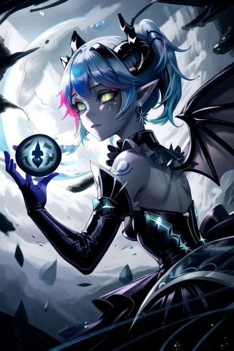 CorruptA, CorruptA, Rnatin, professional image of a cute young woman, (frilly elegant glossy dark holographic dress, moon brooch, moon earrings, moon accessories:1.2),
(dragon horns, dragon tail:1.1), (short hair, side ponytail, hair above cheeks, light blue hair with light pink hairtips, gradient hair, multicolored hair:1.2), red eyes, (small breasts, cute face, innocent, shy, pointy ears:1.1), (sparkles, sparkling clothes, sparkles near eyes:1.1),
(intricate aquatic background, underwater, ocean, small fishes, surrounded by exotic fish), 
(pubic tattoo, symbol-shaped pupils, corruption, mind control:1.3),
(blue skin, black sclera, colored sclera, colored skin, yellow eyes, demon wings, demon horns, slit pupils:1.2),
(glowing, glowing eyes, green eyes:1.4),
(absurdres, incredibly absurdres, huge filesize, extremely detailed, High quality texture, physically-based rendering, Ray tracing, octane render, sharp focus, (8k), (4k), (Masterpiece), (Best Quality), extremely detailed, intricate, hyper detailed, illustration, soft lighting, high resolution, sharp detail,)