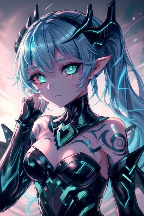 CorruptA, CorruptA, Rnatin, TronFashion, professional image of a cute young woman, (frilly elegant glossy dark holographic dress, moon brooch, moon earrings, moon accessories:1.2),
(dragon horns, dragon tail:1.1), (short hair, side ponytail, hair above cheeks, light blue hair with light pink hairtips, gradient hair, multicolored hair:1.2), red eyes, (small breasts, cute face, innocent, shy, pointy ears:1.1), (sparkles, sparkling clothes, sparkles near eyes:1.1),
(intricate aquatic background, underwater, ocean, small fishes, surrounded by exotic fish),
(pubic tattoo, symbol-shaped pupils, corruption, mind control:1.3),
(blue skin, black sclera, colored sclera, colored skin, yellow eyes, demon wings, demon horns, slit pupils:1.2),
(glowing, glowing eyes, green eyes:1.4),
(absurdres, incredibly absurdres, huge filesize, extremely detailed, High quality texture, physically-based rendering, Ray tracing, octane render, sharp focus, (8k), (4k), (Masterpiece), (Best Quality), extremely detailed, intricate, hyper detailed, illustration, soft lighting, high resolution, sharp detail,)
