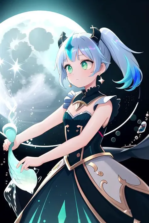 Rnatin, professional image of a cute woman, (frilly elegant glossy dark holographic dress, moon brooch, moon earrings, moon accessories:1.2),
(dragon horns, dragon tail:1.1), (short hair, side ponytail, hair above cheeks, light blue hair with light pink hairtips, gradient hair, multicolored hair:1.2), red eyes, (small breasts, cute face, innocent, shy, pointy ears:1.1), (sparkles, sparkling clothes, sparkles near eyes:1.1),
(intricate aquatic background, underwater, ocean, small fishes, surrounded by exotic fish), 
(glowing, glowing eyes, green eyes:1.4),
(absurdres, incredibly absurdres, huge filesize, extremely detailed, High quality texture, physically-based rendering, Ray tracing, octane render, sharp focus, (8k), (4k), (Masterpiece), (Best Quality), extremely detailed, intricate, hyper detailed, illustration, soft lighting, high resolution, sharp detail,)