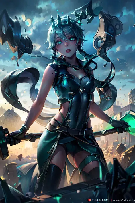 masterpiece, best quality, highres, solo, sinon1, thighhighs, short hair with long locks, hair between eyes, sidelocks,<lora:sinon_v5:0.65>, Rnatin, (crown, ruined \(league of legends\)), glowing, glowing eyes, green eyes, <lora:Rnatin:1>, crumbling skyscraper, precarious structures, shattered glass, urban decay, <lora:add_detail:0.5>