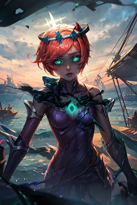 masterpiece, best quality, highres, solo, sayori, blue eyes, coral pink hair, hair bow, red bow, <lora:ddlc:1>, Rnatin, (crown, ruined \(league of legends\)), glowing, glowing eyes, green eyes, <lora:Rnatin:1>, rusting shipyard, abandoned vessels, decaying docks, haunting stillness, <lora:add_detail:0.5>