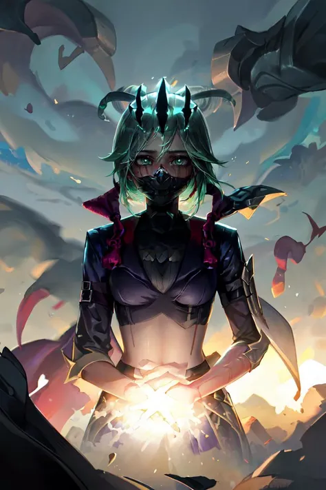 masterpiece, best quality, highres, solo, kukishinobudef, green hair, purple eyes, <lora:kukishinobu2:0.7>, Rnatin, (crown, ruined \(league of legends\)), glowing, glowing eyes, green eyes, <lora:Rnatin:1>, post-apocalyptic art studio, splattered canvases, broken brushes, remnants of creativity, <lora:add_detail:0.5>