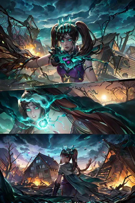 masterpiece, best quality, highres, solo, nanatsu no taizai, diane, purple eyes, brown hair, twintails, <lora:diane:0.8>, Rnatin, (crown, ruined \(league of legends\)), glowing, glowing eyes, green eyes, <lora:Rnatin:1>, decimated suburbia, collapsed houses, overgrown lawns, remnants of a lost community, <lora:add_detail:0.5>