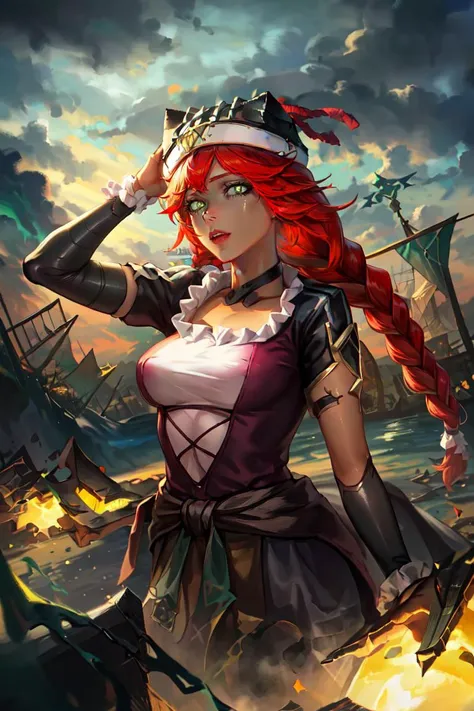 masterpiece, best quality, highres, solo, lupusregina beta, hat, frills, long red hair, twin braids, yellow eyes, <lora:ol_lupusregina:1>, Rnatin, (crown, ruined \(league of legends\)), glowing, glowing eyes, green eyes, <lora:Rnatin:1>, rusting shipyard, abandoned vessels, decaying docks, haunting stillness, <lora:add_detail:0.5>