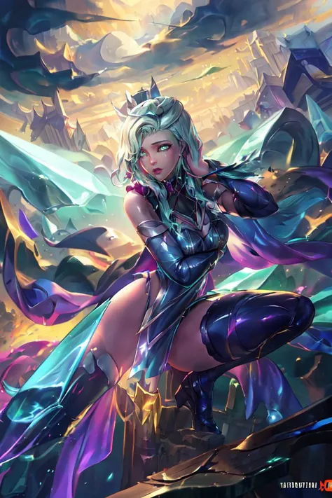 masterpiece, best quality, highres, solo, xyzseraphine, colored hair, <lora:Seraphine:0.7>, Rnatin, (crown, ruined \(league of legends\)), glowing, glowing eyes, green eyes, <lora:Rnatin:1>, broken wind turbines, tattered blades, silent energy, remnants of sustainability, <lora:add_detail:0.5>