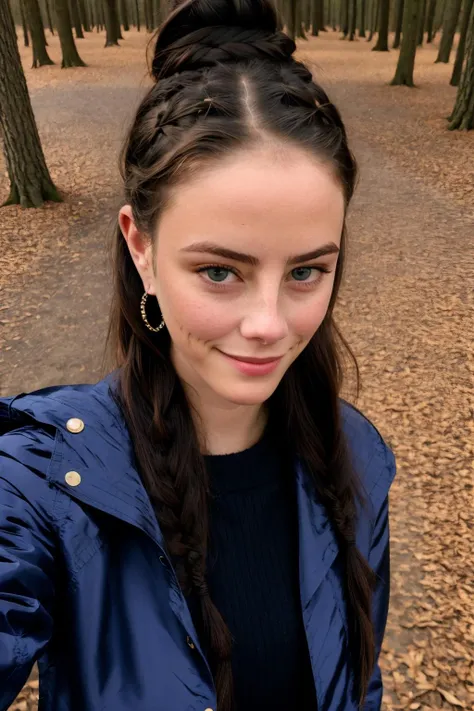 KayaScodelario, 1girl, solo, braid, jacket, long hair, jewelry, brown hair, earrings, looking to the side, smile, pants, <lora:Kayav7:1>, forest