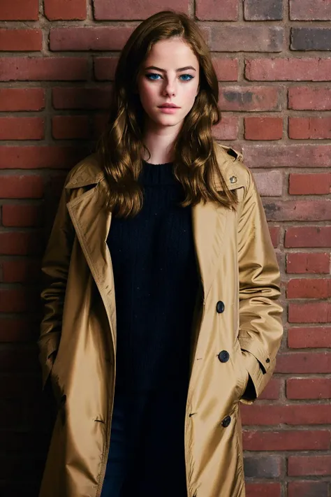 KayaScodelario, solo, portrait, long hair, blue eyes, blonde hair, looking away, coat, <lora:Kayav7:1>, brick wall