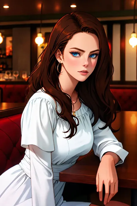 KayaScodelario, 1girl, solo, long hair, upper body, brown hair, blue eyes, looking at viewer, jewelry, white dress, long sleeves, <lora:Kayav7:1>, restaurant