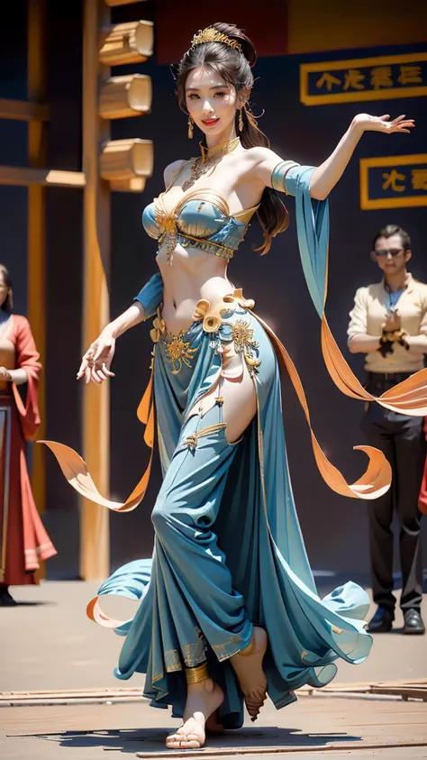 (goddess-like happiness,flirtatious ,seductive:1.4),(RAW photo:1.2),(photorealistic:1.6),(lens 135mm,f1.8:1.2),(ultimate quality, masterpiece:1.3),(intricate details:1.2),(detailed face:1.2),dramatic,ray tracing,fashion photograph,fFaceDetail,Full body,<lora:PerfectBreastsV4-offset:0.3:lbw=BODY>,<lora:Better hands loRA:0.6:lbw=HAND>,<lora:goodhands_Beta_Gtonero:0.5:lbw=HAND>,good hands,(nsfw),Sharp focus,cinematic lighting,
<lora:åè©©è©©llfliushishi:0.8:lbw=FACE>, ,
<lora:dunhuangV3:0.8>,(dunhuang,dunhuang_face,Chinese Dunhuang Flying Fairy,floating clothes,floating flower,pov legs,thighs,dunhuang cloths,hanfu,waist cape,strapless,navel,robe:1.2),<lora:ExoticDance:0.8:lbw=POSE>,exotic_dance,
(1girl,solo,outdoors,dancing,crowd street:1.6),confident smile,beautful face,(large breasts, narrow waist:1.2),sexy body,perfect body,shiny hairs,hair ornament,earrings,necklace,jewelry,confident,showcasing,buzzing atmosphere,
(anatomically correct hands:1.5),(anatomically correct feet:1.5),(elegant hands:1.4),