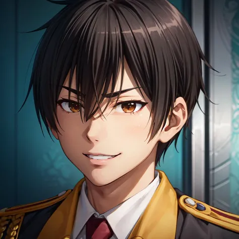 kanie seiya\(amaburi\), solo, looking at viewer, shirt, 1boy, hair between eyes, short hair, bangs, smile, black hair, doyagao, v-shaped eyebrows, uniform, military, military uniform, red necktie, aiguillette, (close-up)