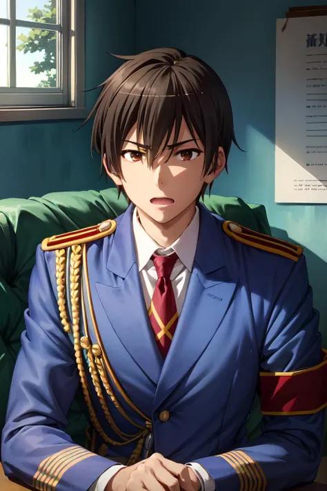 kanie seiya\(amaburi\), amabri uniform, solo, looking at viewer, shirt, long sleeves, 1boy, jacket, white shirt, male focus, necktie, collared shirt, indoors, uniform, military, military uniform, blue jacket, red necktie, red armband, aiguillette