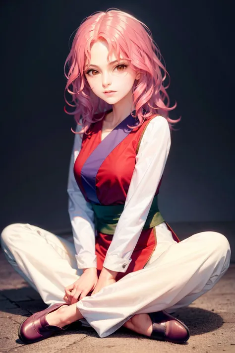 masterpiece, best quality,pink hair, 1girl, sitting, brown eyes, white pants, pants, long sleeves, breasts, looking at viewer, sash, long hair, shoes, purple footwear, indian style, full body, short hair, sitting on lap, wavy hair, medium breasts, closed mouth,(kbxll:0.6)