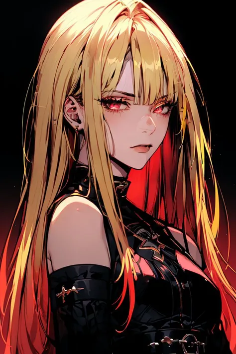 <lora:Minimalistic_Style:1>, black background, , ((masterpiece,best quality)), absurdres,
(finely detailed beautiful eyes: 1.2), phyami, yaminor, 1girl, solo, blonde hair, long hair,  red eyes, thigh strap, very long hair, detached sleeves, black dress,  <lora:yami-v1:1.2>, upper body, portrait,