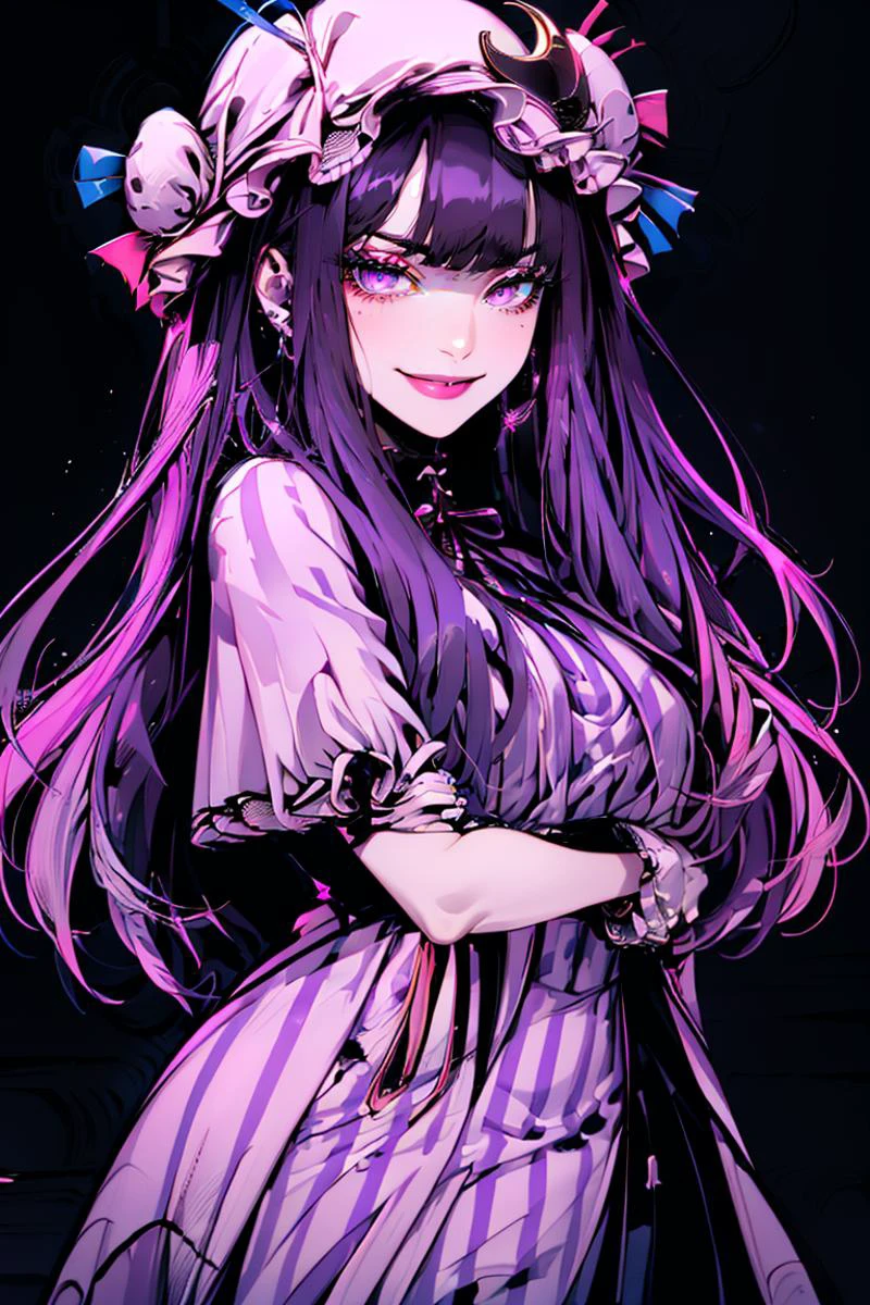 <lora:Minimalistic_Style:1>, black background, pink background,
patchouli knowledge, 1girl, dress, (purple hair, purple eyes:1), long hair, mob cap, crescent hat ornament, ribbon, dress, <lora:patchouli:0.9>, smile,