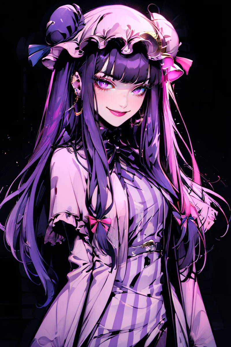 <lora:Minimalistic_Style:1>, black background, pink background,
patchouli knowledge, 1girl, dress, (purple hair, purple eyes:1), long hair, mob cap, crescent hat ornament, ribbon, dress, <lora:patchouli:0.9>, smile,