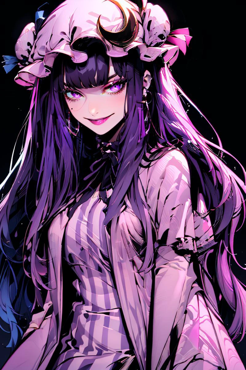 <lora:Minimalistic_Style:1>, black background, pink background,
patchouli knowledge, 1girl, dress, (purple hair, purple eyes:1), long hair, mob cap, crescent hat ornament, ribbon, dress, <lora:patchouli:0.9>, smile,