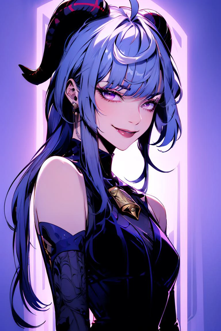 <lora:Minimalistic_Style:1>, purple background, , ((masterpiece,best quality)), absurdres, upper body,
<lora:ganyu_v1:0.9>, aaganyu, long hair, low ponytail, ahoge, horns, bare shoulders, neck bell, bodystocking, white dress, gold trim, flower knot, detached sleeves, black gloves, smile, upper body,