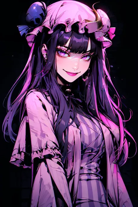 <lora:Minimalistic_Style:1>, black background, pink background,
patchouli knowledge, 1girl, dress, (purple hair, purple eyes:1), long hair, mob cap, crescent hat ornament, ribbon, dress, <lora:patchouli:0.9>, smile,