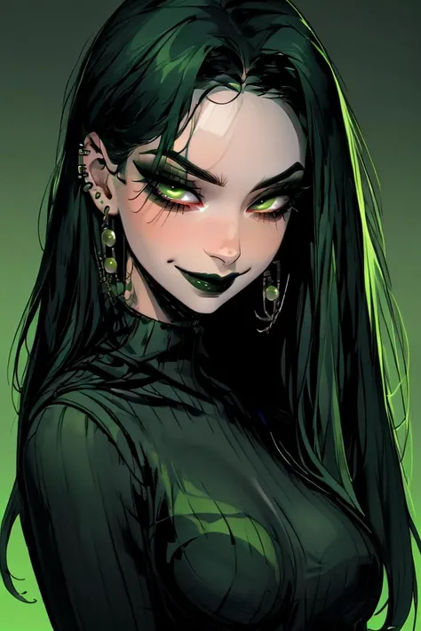 <lora:Minimalistic_Style:1>, absurdres, upper body, black background,
1girl, solo, long hair, looking at viewer, smile, black hair, jewelry, medium breasts, green eyes, earrings, green hair, sweater, makeup, piercing, lipstick, portrait, green background, hair behind ear, green theme, black lips