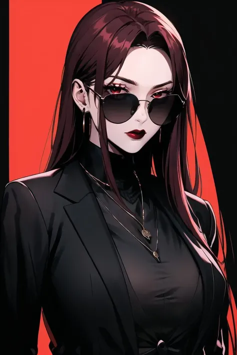 <lora:Minimalistic_Style:0.8>, absurdres, upper body, (black background,), sunglasses,
1girl, solo, looking at viewer, necklace, black jacket, formal, suit, black background, red lips, hair behind ear, long red hair,