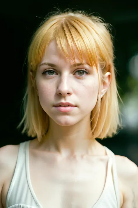 face shot of hayleyWilliams1, (serious look), (blonde medium length hair), (hand on chin), Photorealistic, Hyperrealistic, Hyperdetailed, analog style, hip cocked, demure, detailed skin, matte skin, soft lighting, subsurface scattering, realistic, heavy shadow, masterpiece, best quality, ultra realistic, 8k, golden ratio, Intricate, High Detail, film photography, soft focus, detailed skin texture, (blush:0.5), (goosebumps:0.5), subsurface scattering