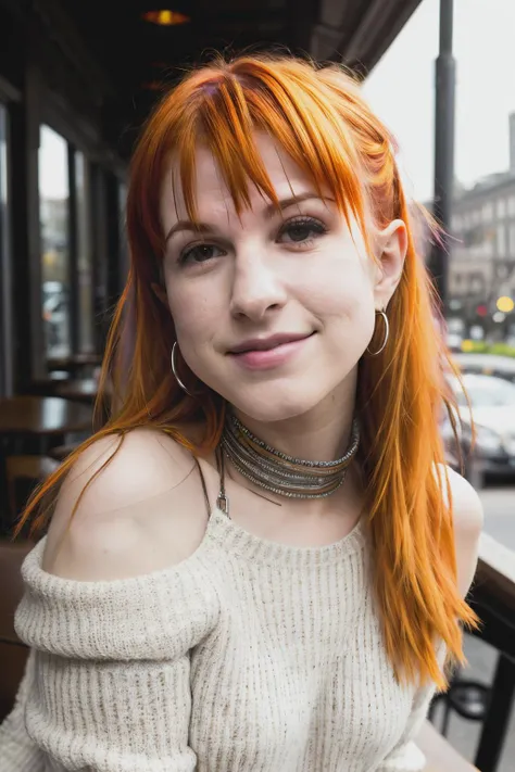 hayleyWilliams1 piercing eyes, looking straight, very happy,long hair, wearing an off-shoulder sweater, choker, closeup portrait, in a outdoor cafe in 2015, afternoon light