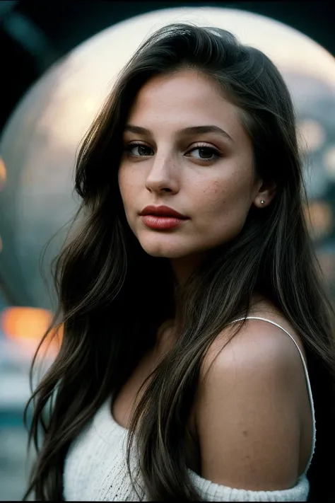photo of fit (br1dh4ll:0.99), a beautiful woman, perfect hair, (modern photo), Off-the-shoulder knit poncho, portrait, 85mm, (analog, cinematic, film grain:1.3), ( Lunar Colony, Self-sustaining moon colony with domed structures, lunar rovers, spaceports, and Earthrise views.), detailed eyes, seductive pose, painted lips, (epiCPhoto), (looking at viewer:1.1), jewelry, (cinematic shot:1.3), (natural lighting, lit from above), <lora:add_detail:0.5>