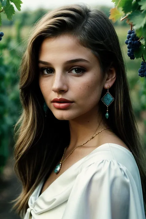 photo of (br1dh4ll-135:0.99), a beautiful woman, perfect blonde hair, (modern photo, Advent Purple shoulder cape), closeup portrait, 85mm, (analog, cinematic, film grain:1.3), (A vineyard with rows and rows of grapevines:1.2), detailed eyes, earrings, (seductive pose), (epicPhoto), (looking at viewer), painted lips, jewelry, (cinematic shot:1.3)